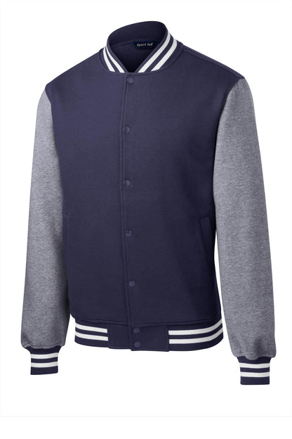 Front View of Tr Navy/Vnt He Sport-Tek Fleece Letterman Jacket. ST270