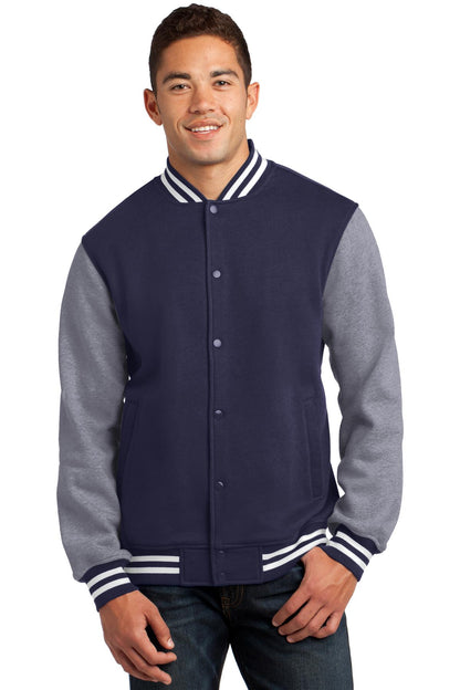 Front View of Tr Navy/Vnt He Sport-Tek Fleece Letterman Jacket. ST270