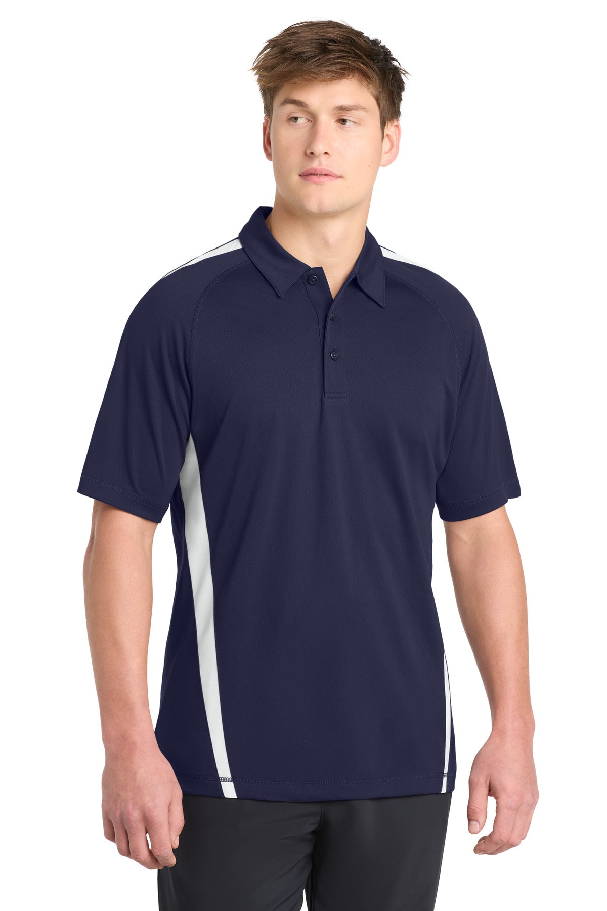 Front View of Tr Navy/White Sport-Tek PosiCharge Micro-Mesh Colorblock Polo. ST685
