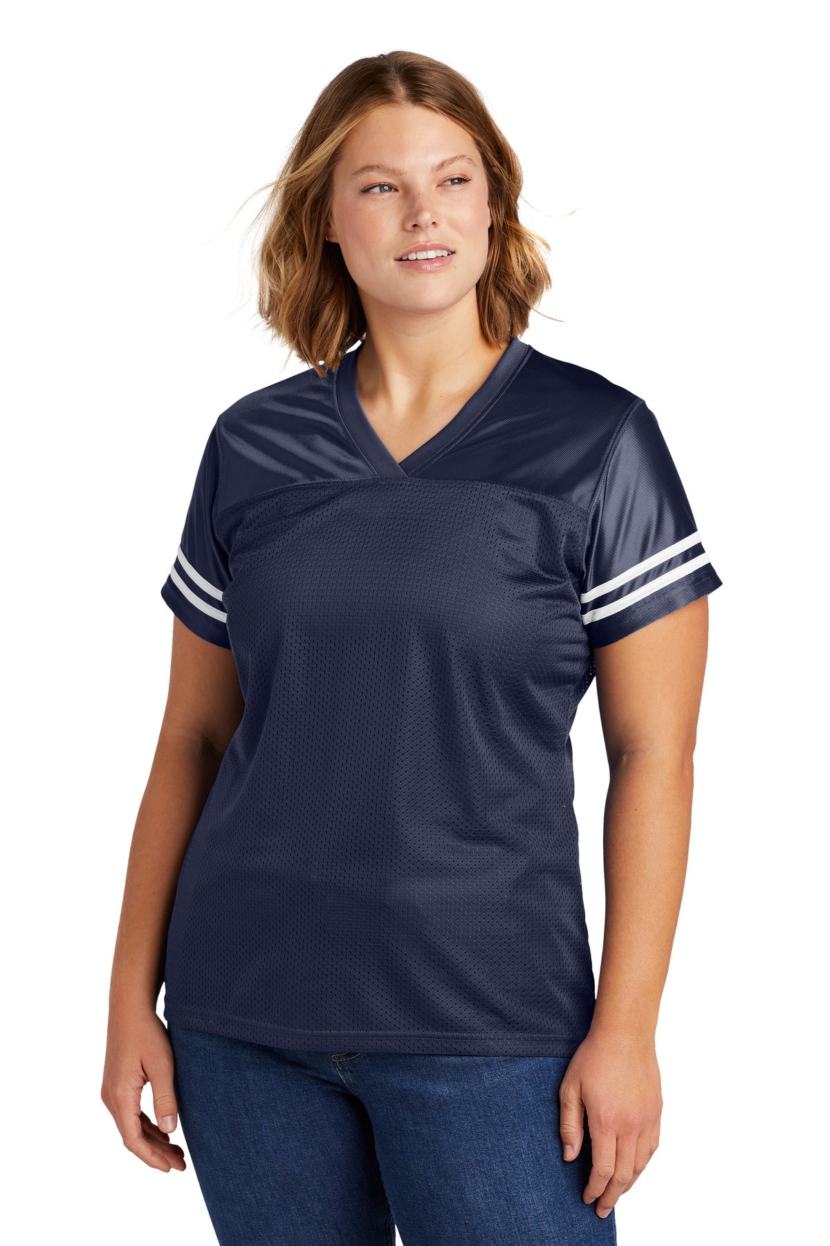 Front View of Tr Navy/White Sport-Tek Women's PosiCharge Replica Jersey. LST307