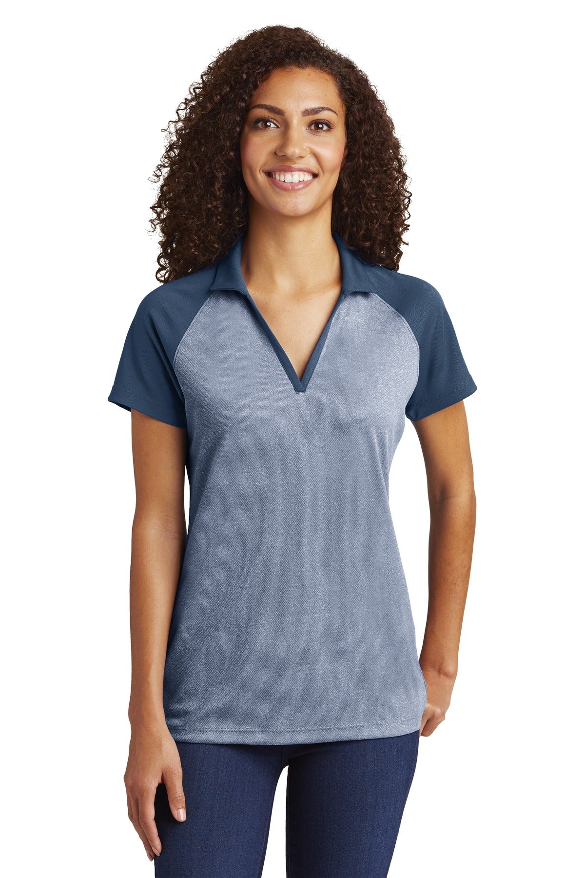 Front View of Tr Nvy He/T Ny Sport-Tek Women's PosiCharge RacerMesh Raglan Heather Block Polo. LST641