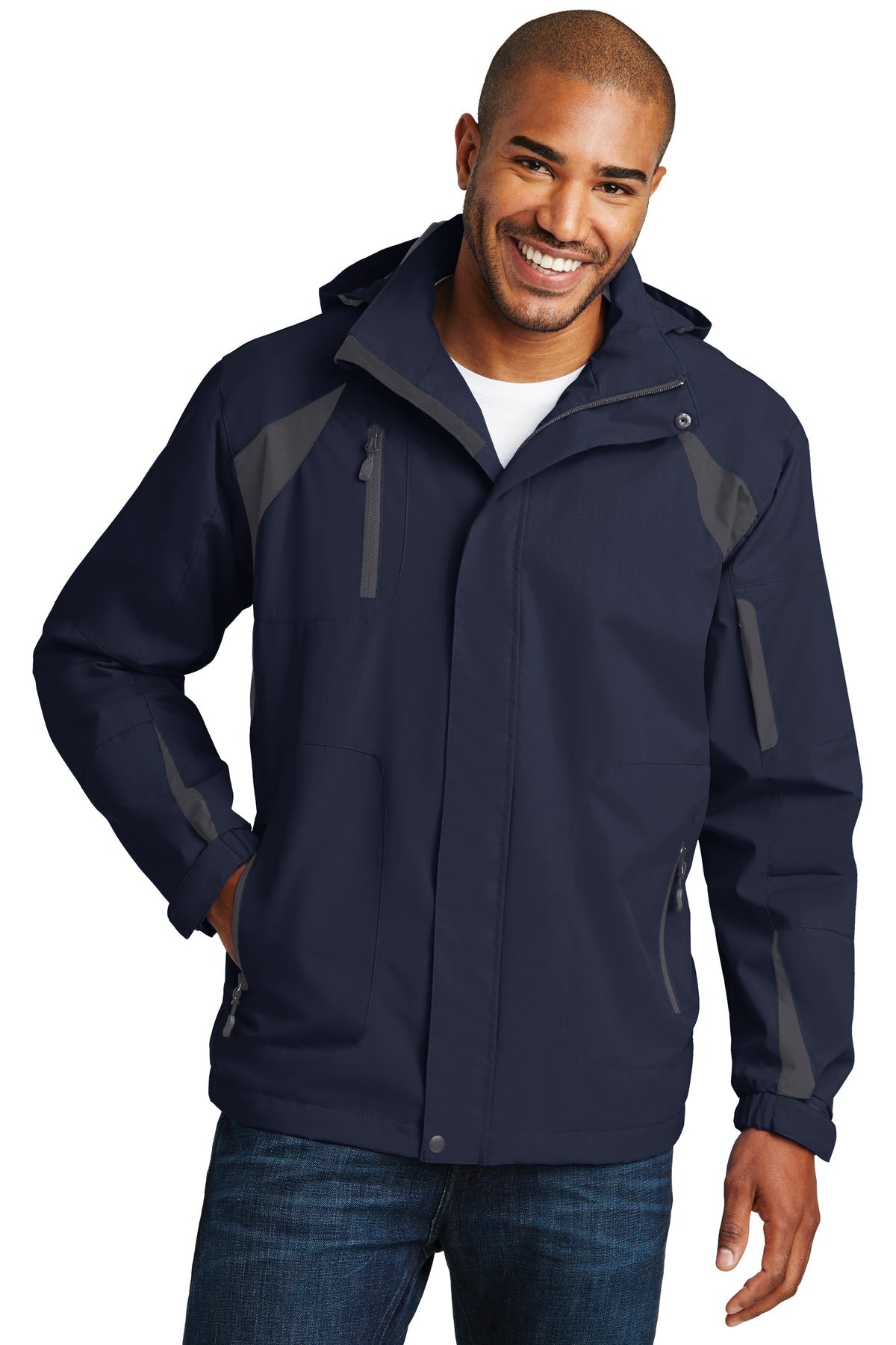 Front View of Tr Nvy/Irn Gry Port Authority All-Season II Jacket. J304
