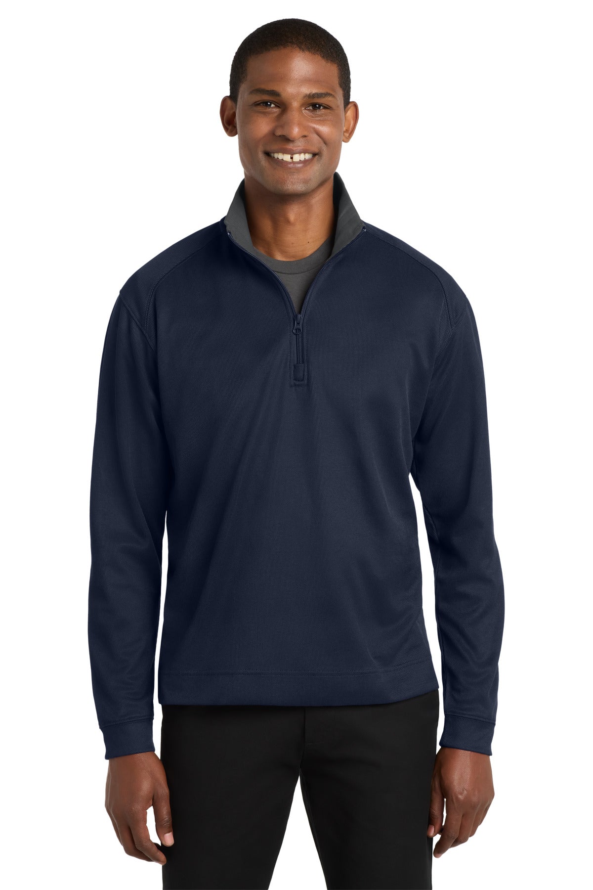 Front View of Tr Nvy/Iron Gy Port Authority Vertical Texture 1/4-Zip Pullover. K805
