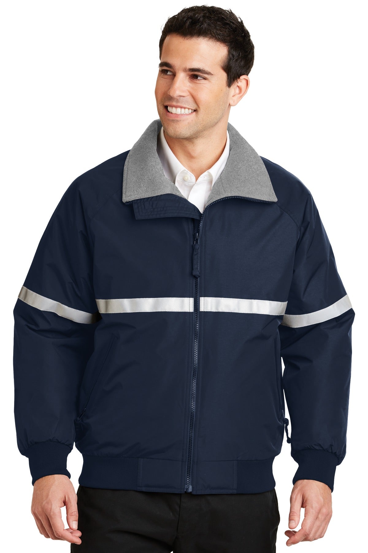 Front View of Tr Ny/Gry/Refl Port Authority Challenger Jacket with Reflective Taping J754R