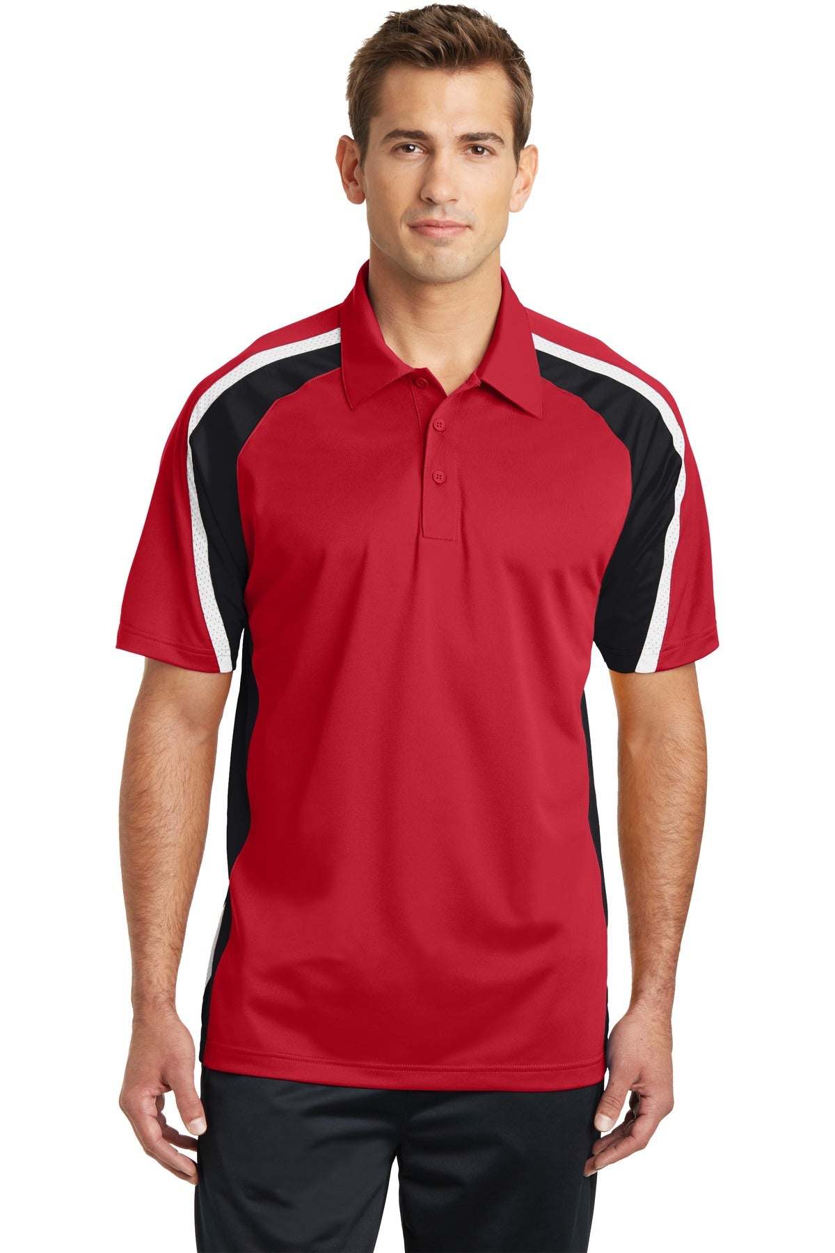 Front View of Tr Red/Blk/Wht Sport-Tek Tricolor Micropique Sport-Wick Polo. ST654