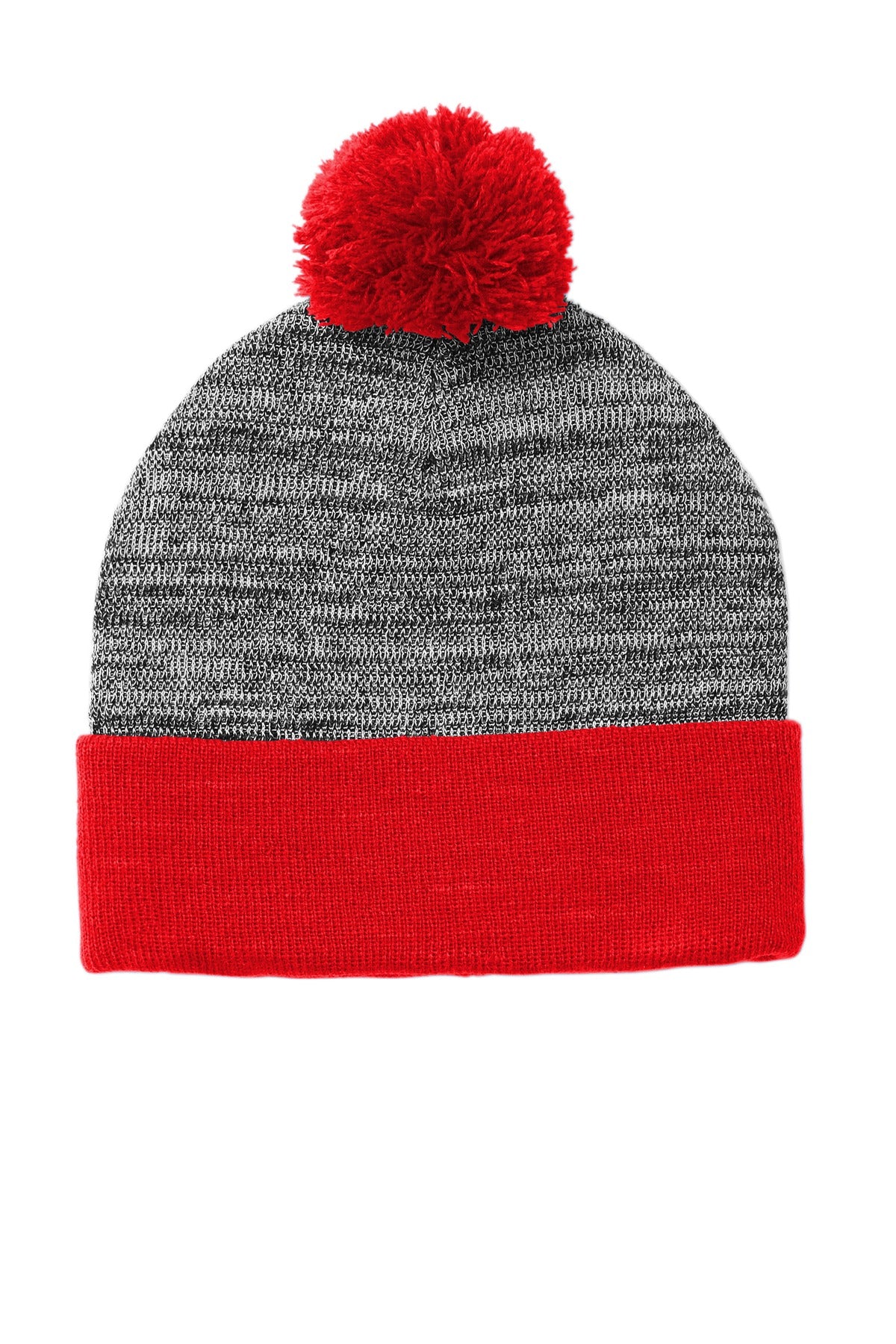 Front View of Tr Red/Grey He Sport-Tek Heather Pom Pom Beanie STC41