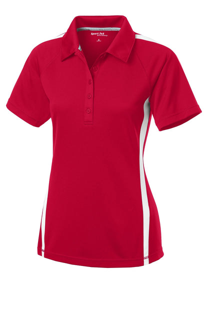 Front View of Tr Red/White Sport-Tek Women's PosiCharge Micro-Mesh Colorblock Polo. LST685