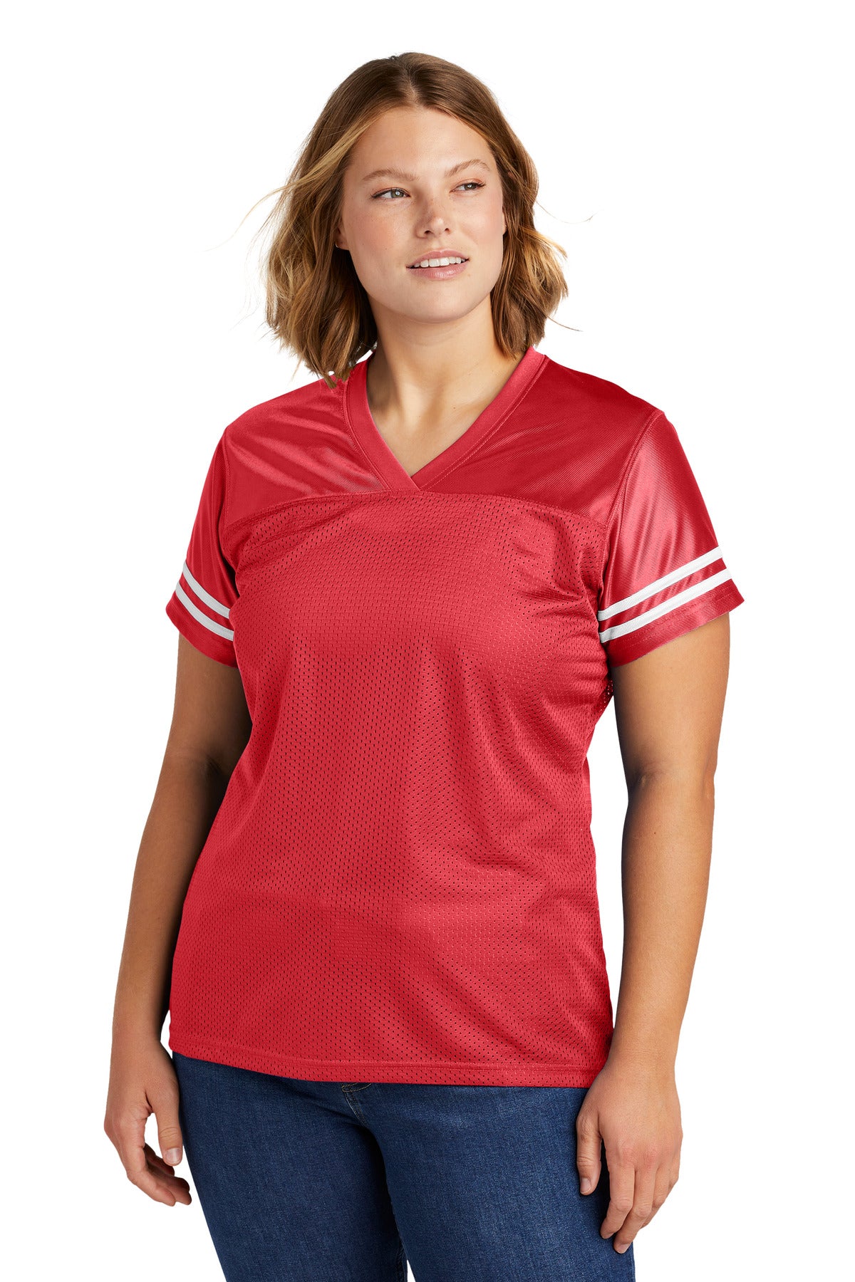 Front View of Tr Red/White Sport-Tek Women's PosiCharge Replica Jersey. LST307