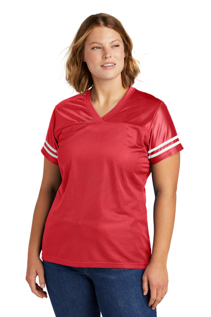 Front View of Tr Red/White Sport-Tek Women's PosiCharge Replica Jersey. LST307