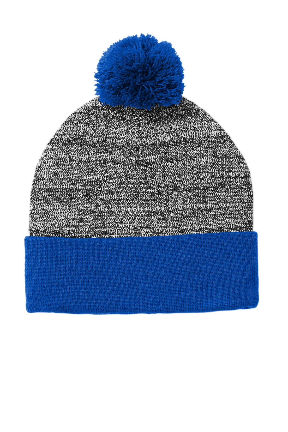 Front View of Tr Royal/Gy He Sport-Tek Heather Pom Pom Beanie STC41
