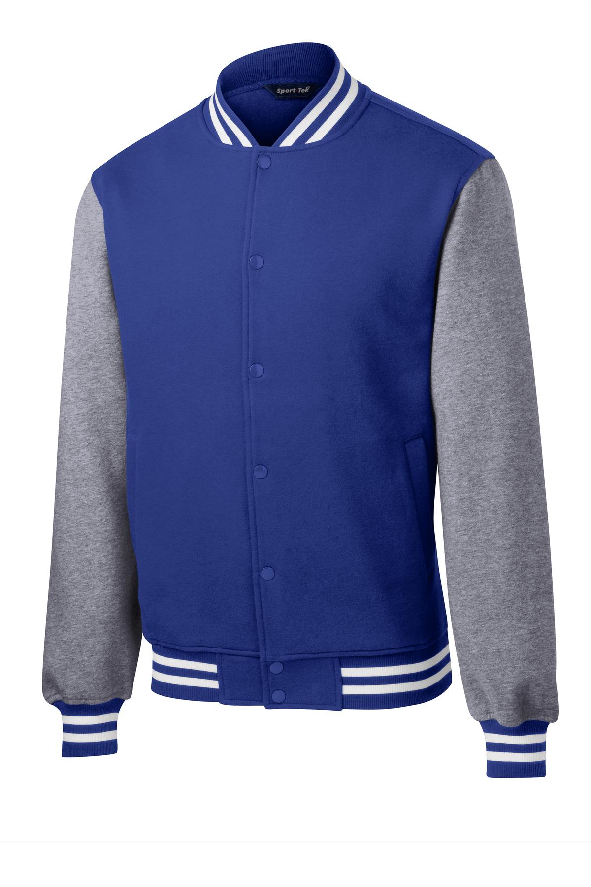 Front View of Tr Royal/VntHe Sport-Tek Fleece Letterman Jacket. ST270