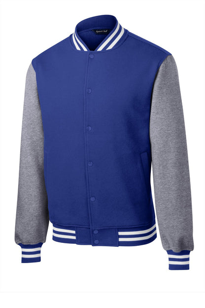 Front View of Tr Royal/VntHe Sport-Tek Fleece Letterman Jacket. ST270