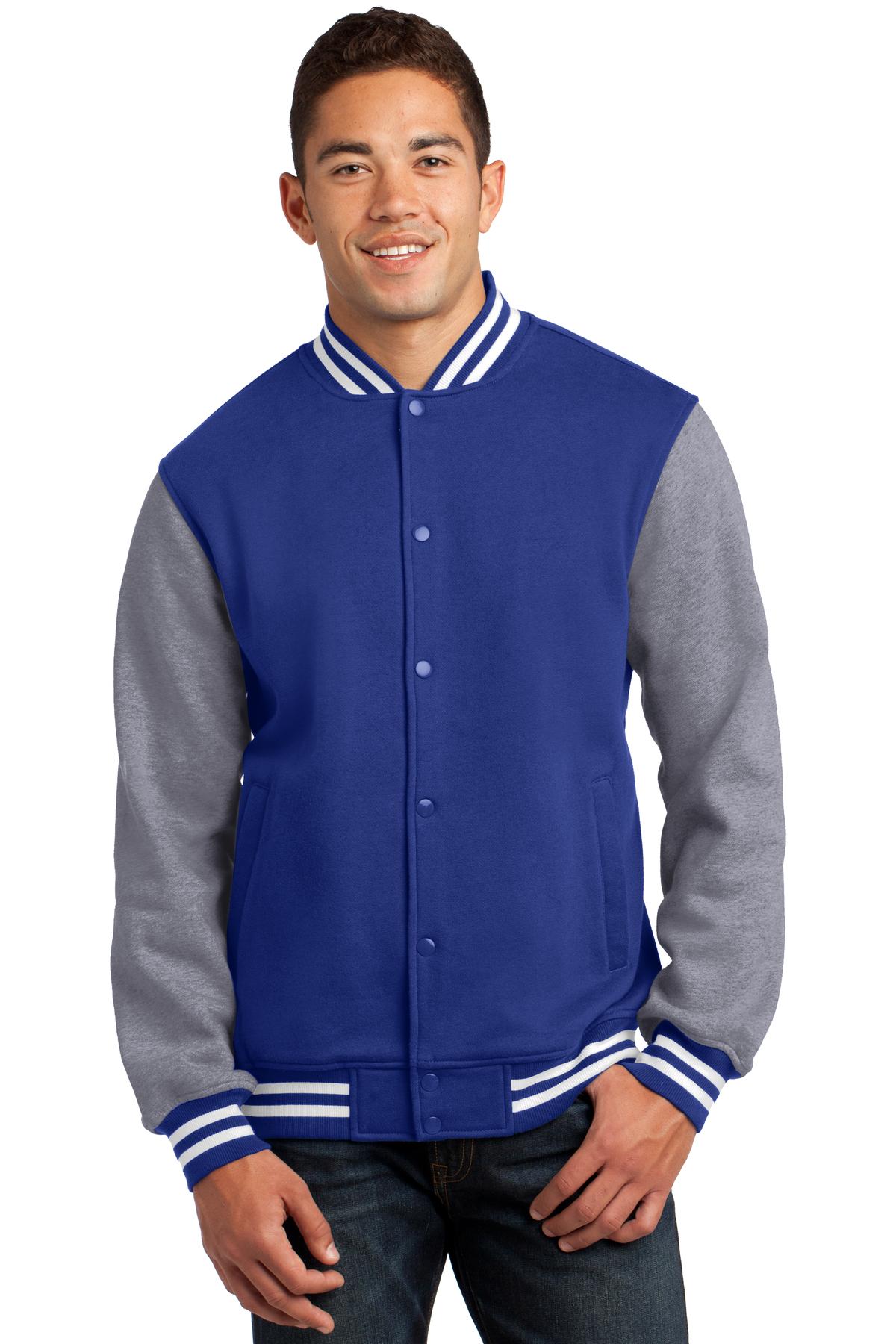 Front View of Tr Royal/VntHe Sport-Tek Fleece Letterman Jacket. ST270