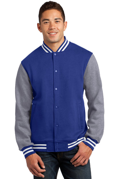 Front View of Tr Royal/VntHe Sport-Tek Fleece Letterman Jacket. ST270