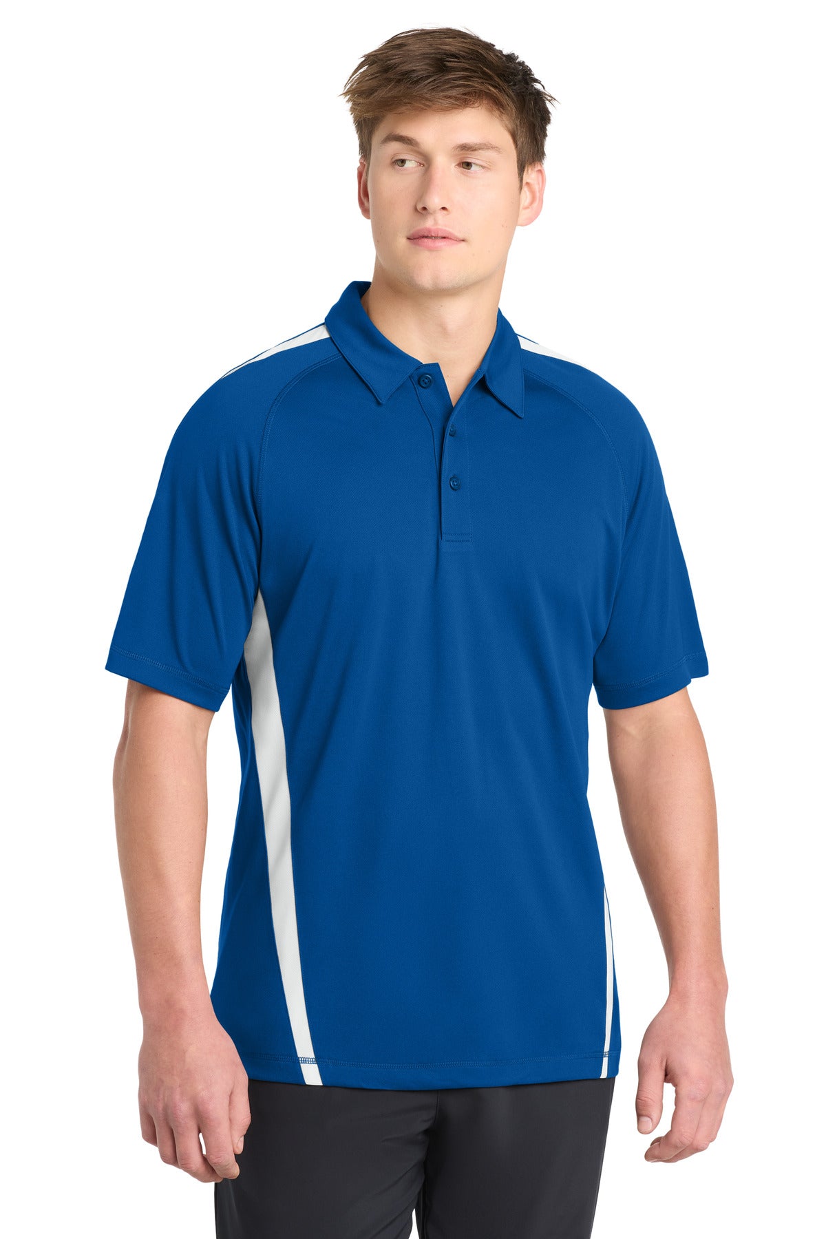 Front View of Tr Royal/White Sport-Tek PosiCharge Micro-Mesh Colorblock Polo. ST685
