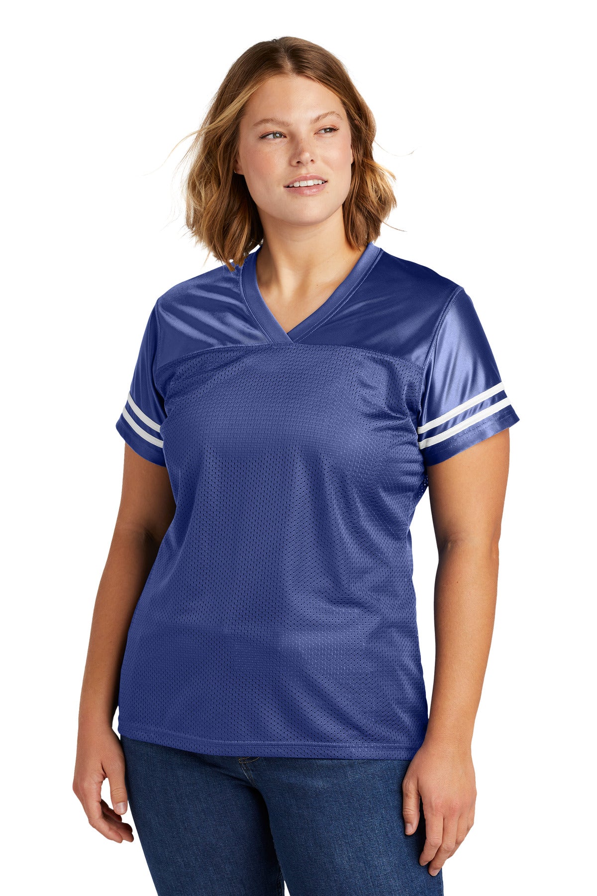Front View of Tr Royal/White Sport-Tek Women's PosiCharge Replica Jersey. LST307
