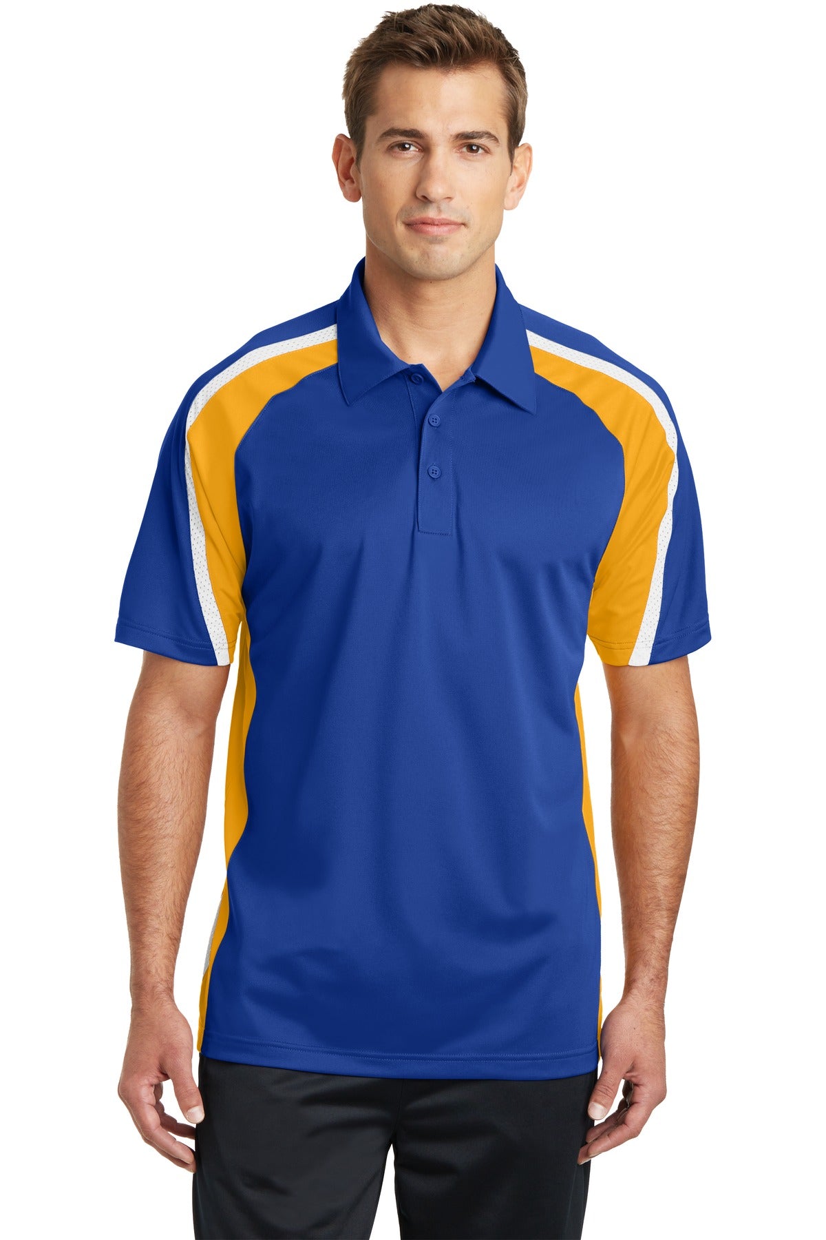Front View of Tr Roy/Gold/Wh Sport-Tek Tricolor Micropique Sport-Wick Polo. ST654