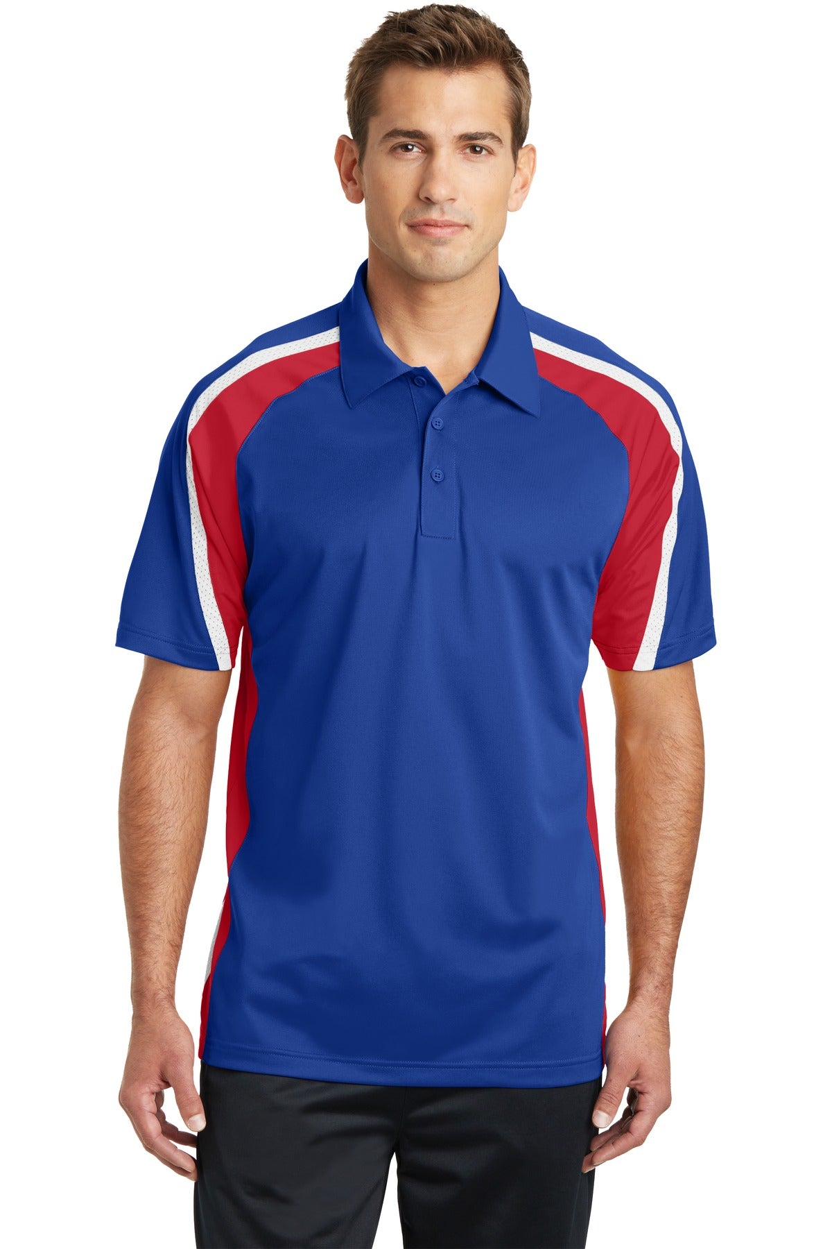 Front View of Tr Roy/Red/Wht Sport-Tek Tricolor Micropique Sport-Wick Polo. ST654