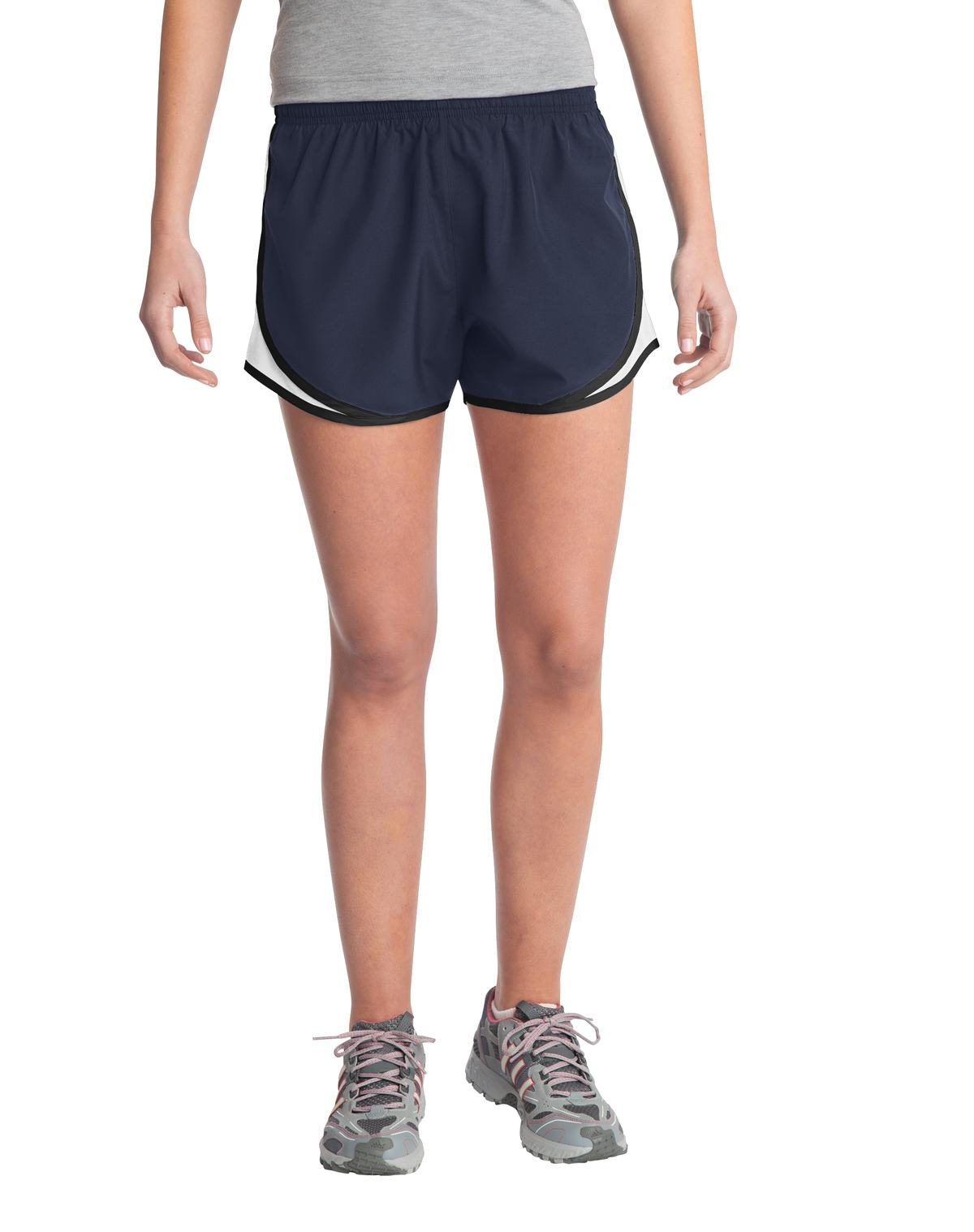 Front View of TrNavy/Wht/Blk Sport-Tek Women's Cadence Short. LST304