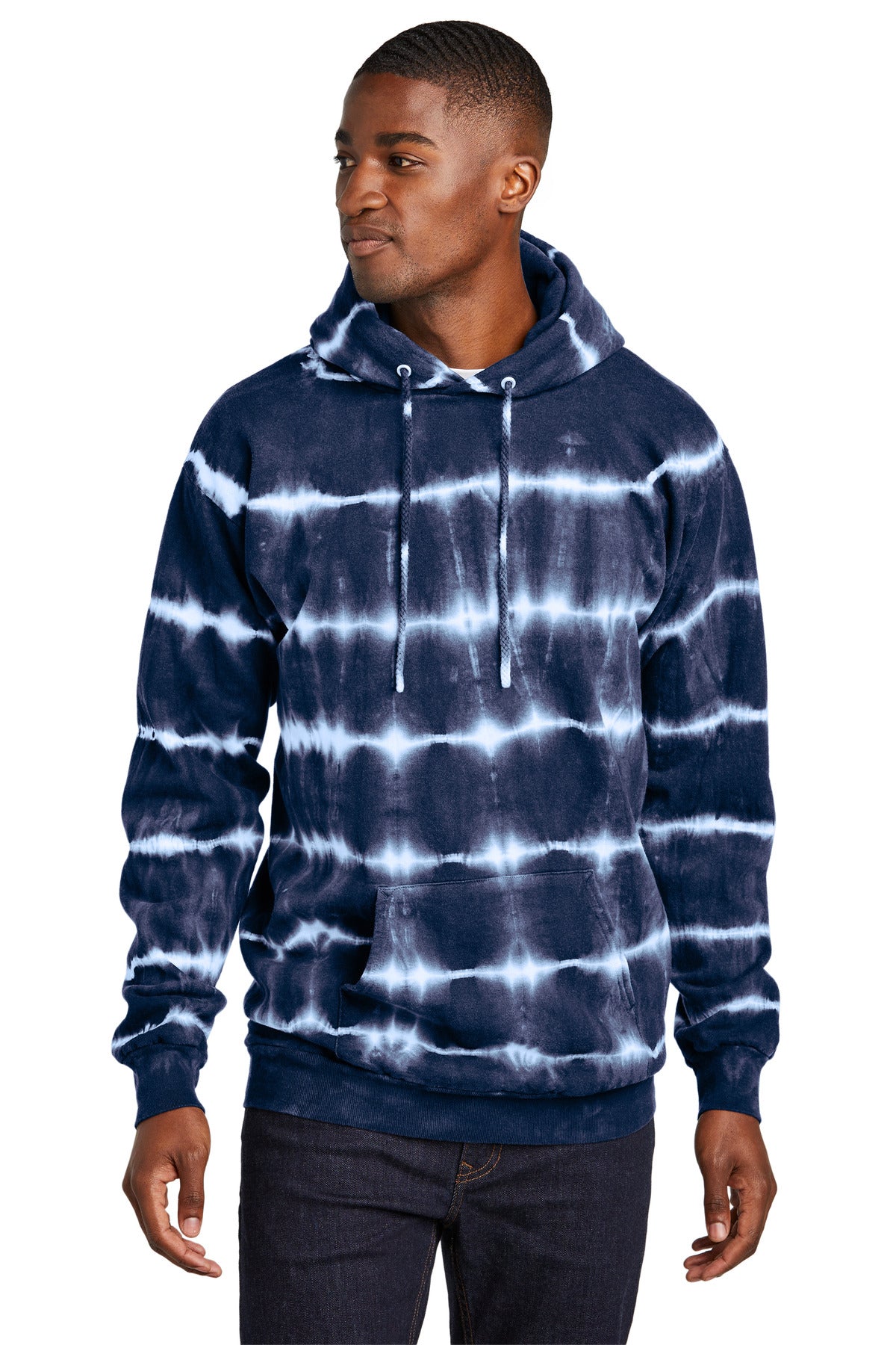 Front View of TrNv/White Port & Company Allover Stripe Tie-Dye Fleece PC143
