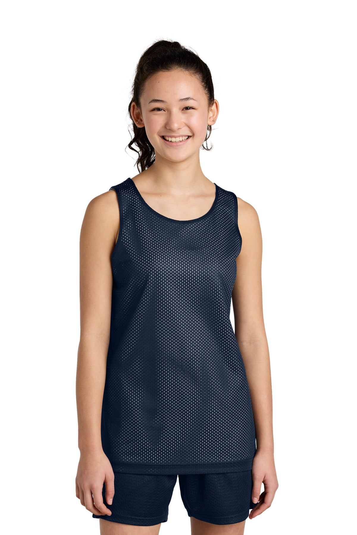 Front View of TrNv/White Sport-Tek Youth PosiCharge Reversible Mesh Tank YST5000