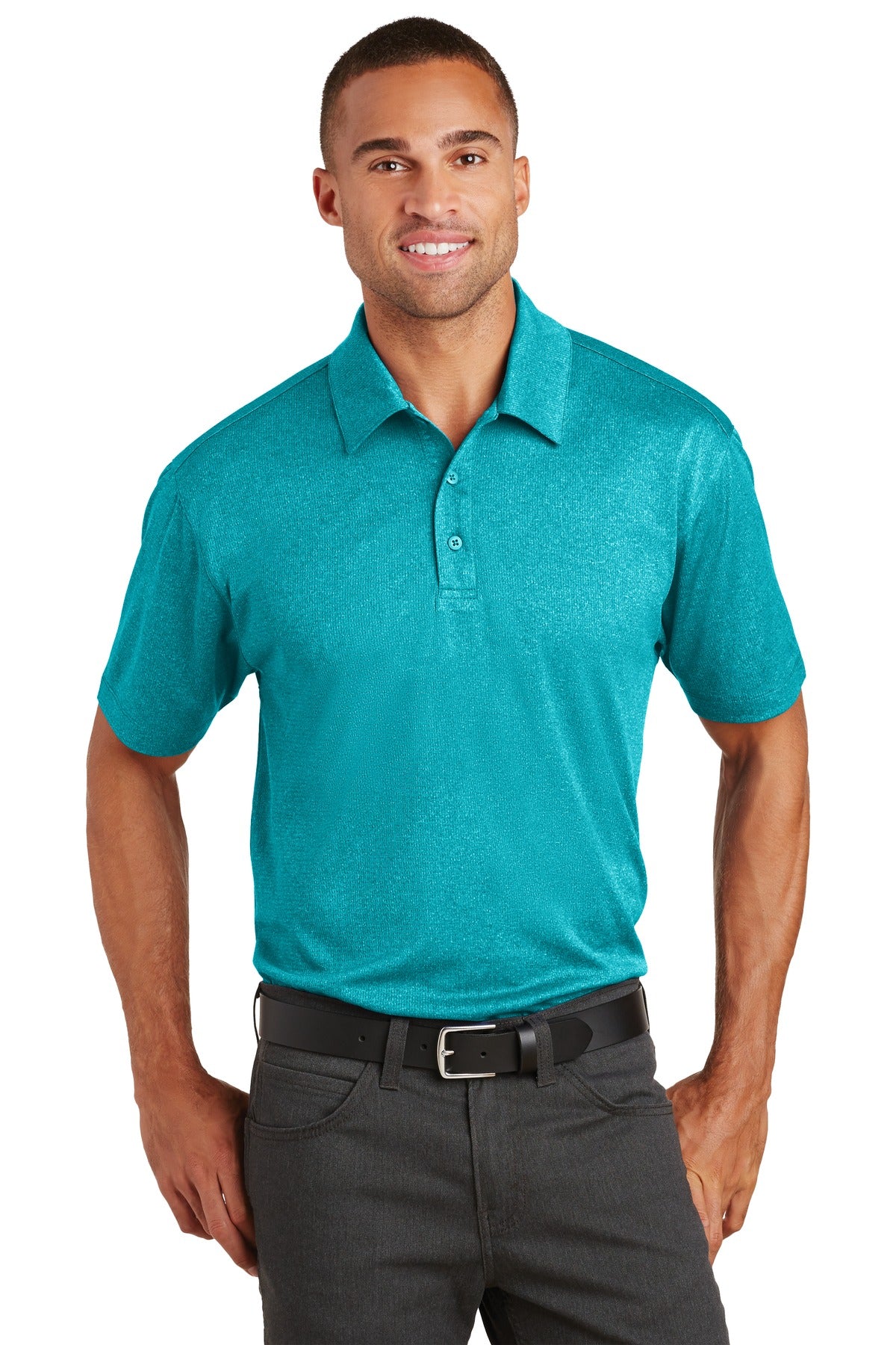 Front View of Tropic Blue He Port Authority Trace Heather Polo. K576