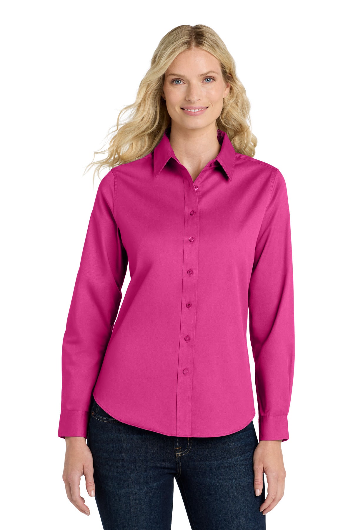 Front View of Tropical Pink Port Authority Women's Long Sleeve Easy Care Shirt. L608