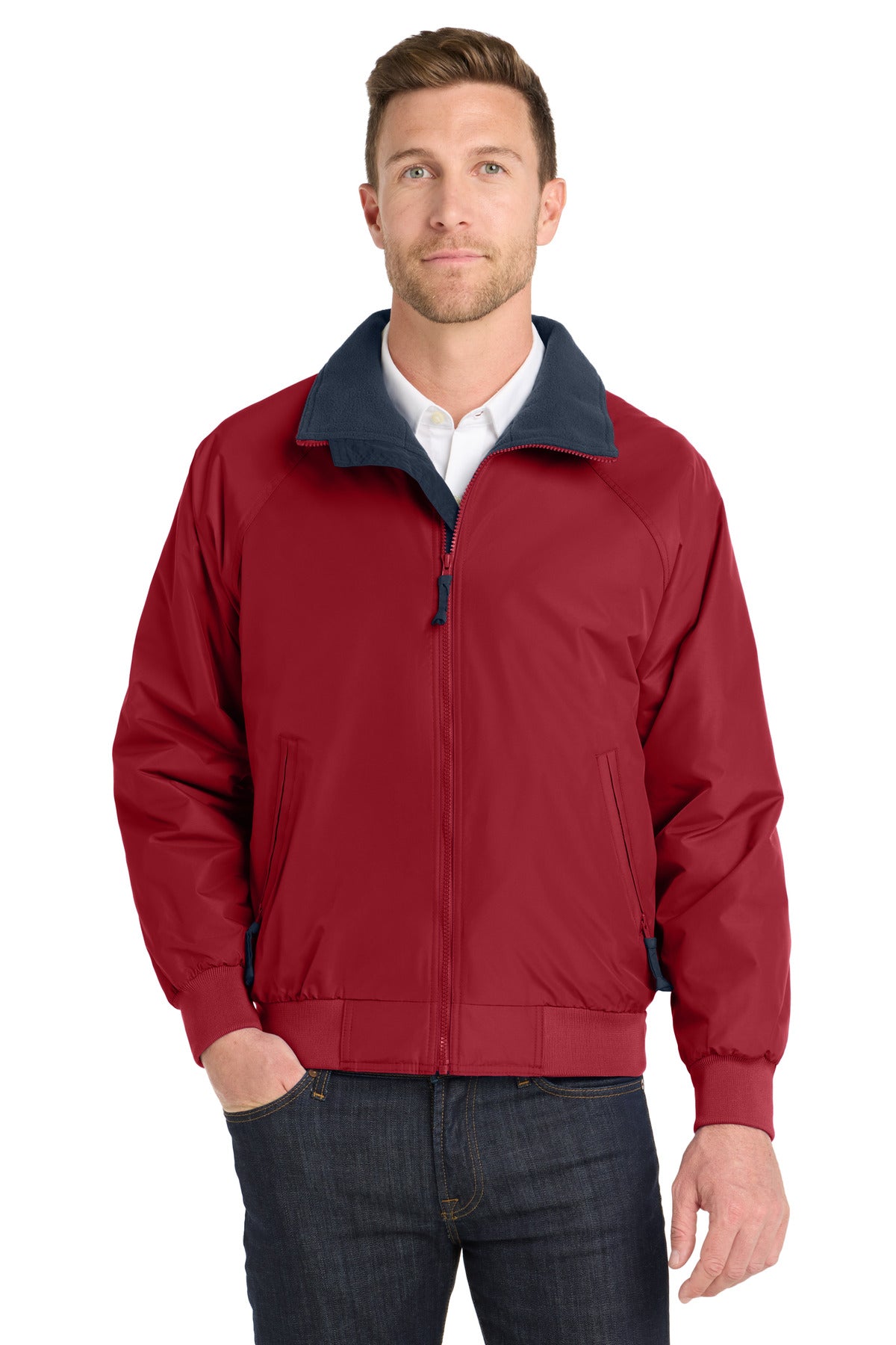 Front View of Tr.Red/Tr.Navy Port Authority Challenger Jacket. J754