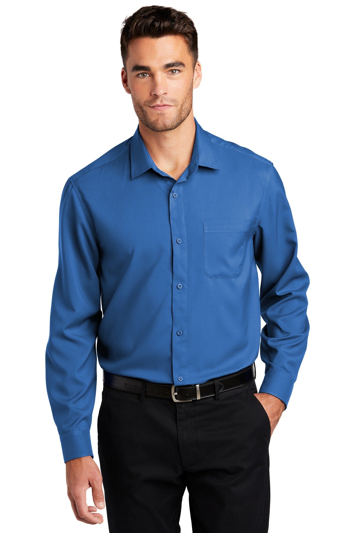 Front View of True Blue Port Authority Long Sleeve Performance Staff Shirt W401