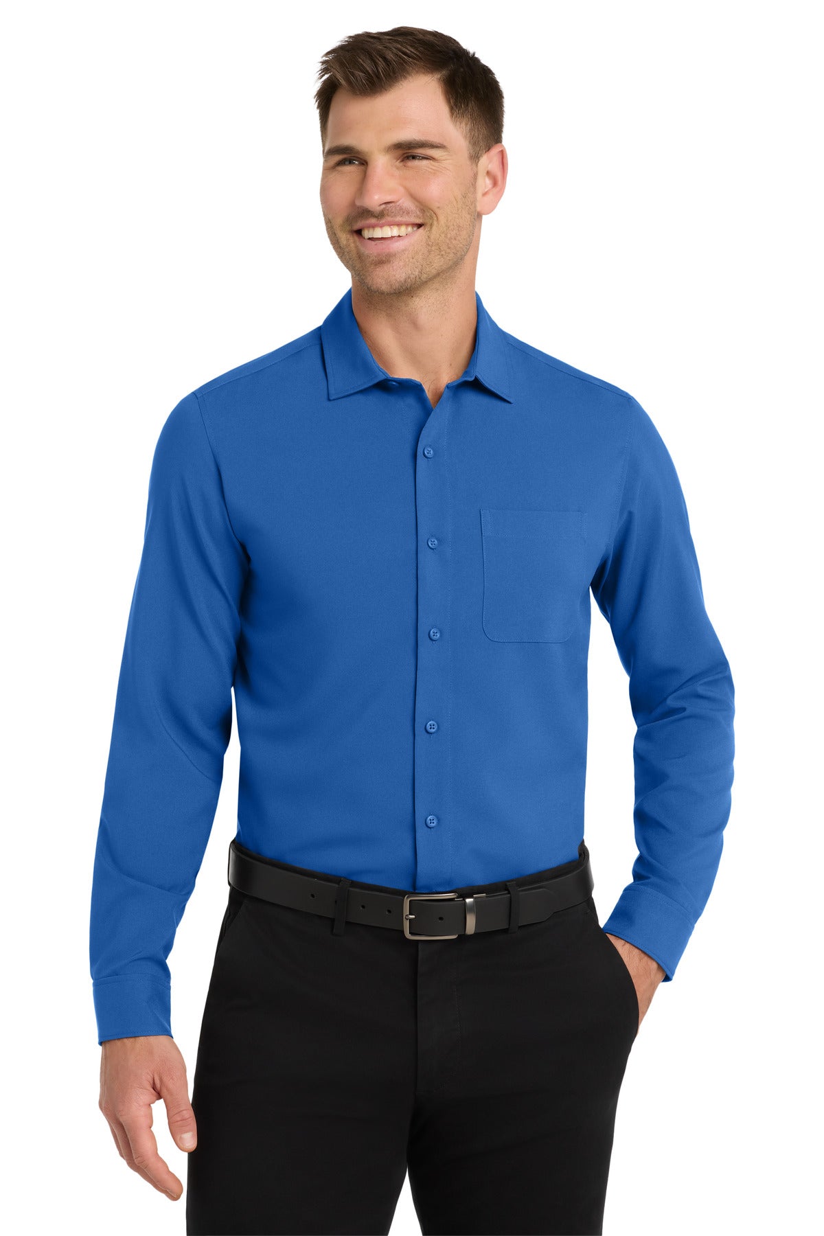 Front View of True Blue Port Authority Long Sleeve Performance Staff Shirt W401