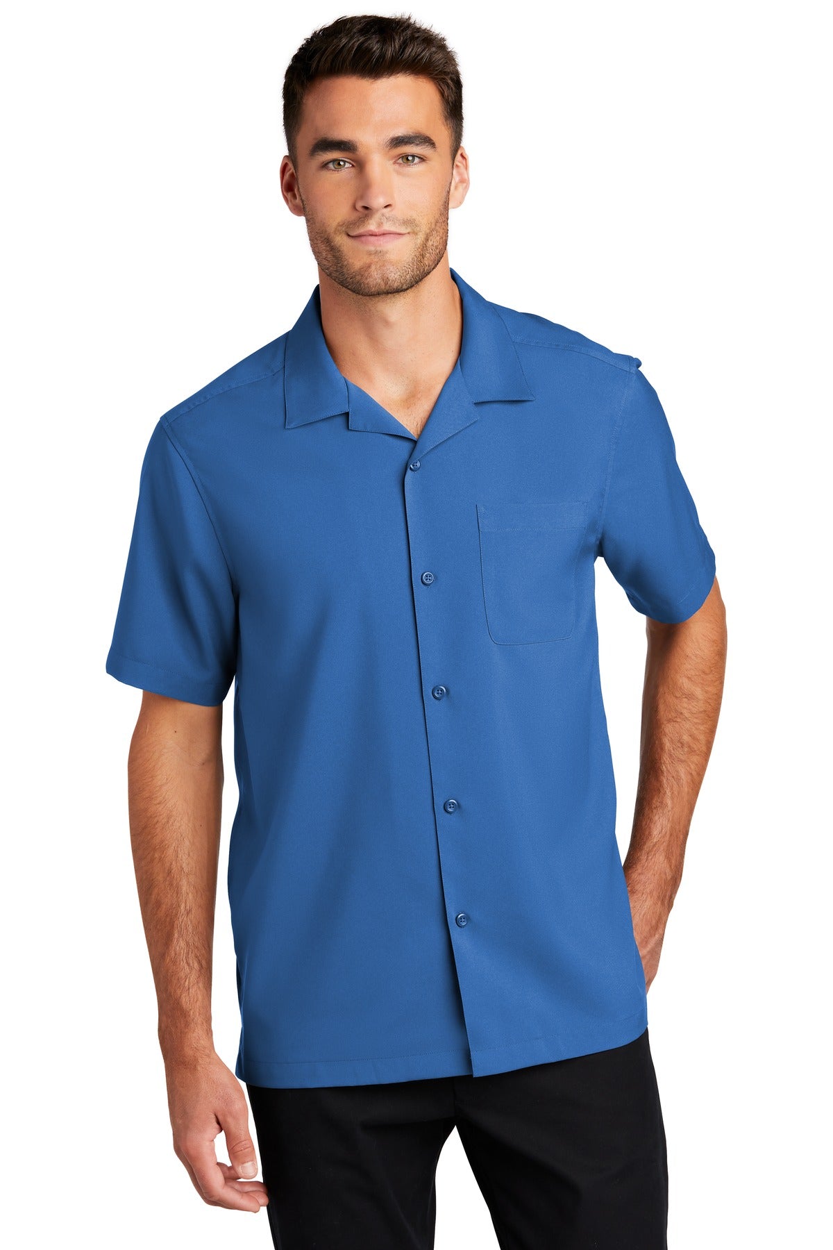 Front View of True Blue Port Authority Short Sleeve Performance Staff Shirt W400