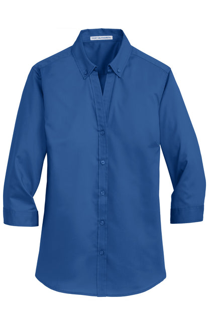 Front View of True Blue Port Authority Women's 3/4-Sleeve SuperPro Twill Shirt. L665