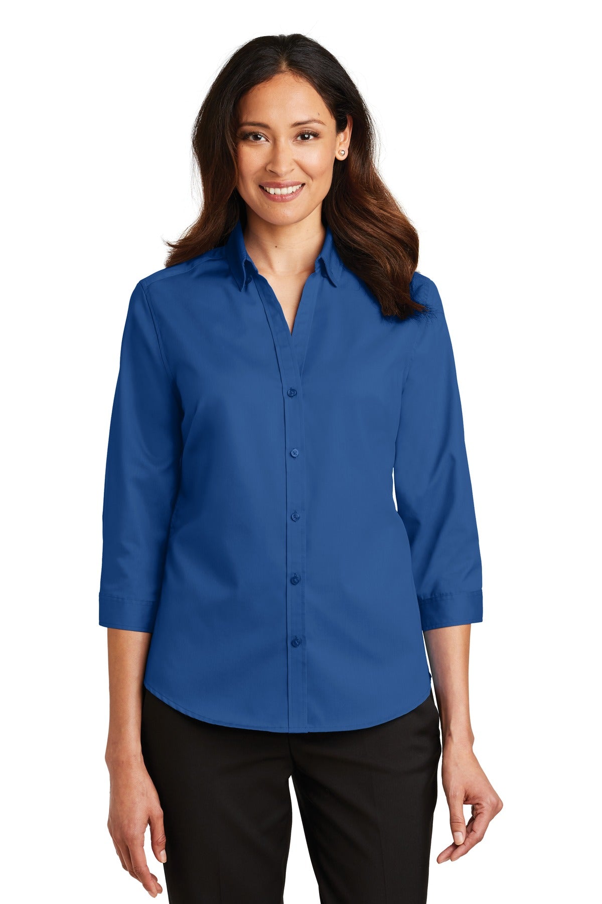 Front View of True Blue Port Authority Women's 3/4-Sleeve SuperPro Twill Shirt. L665
