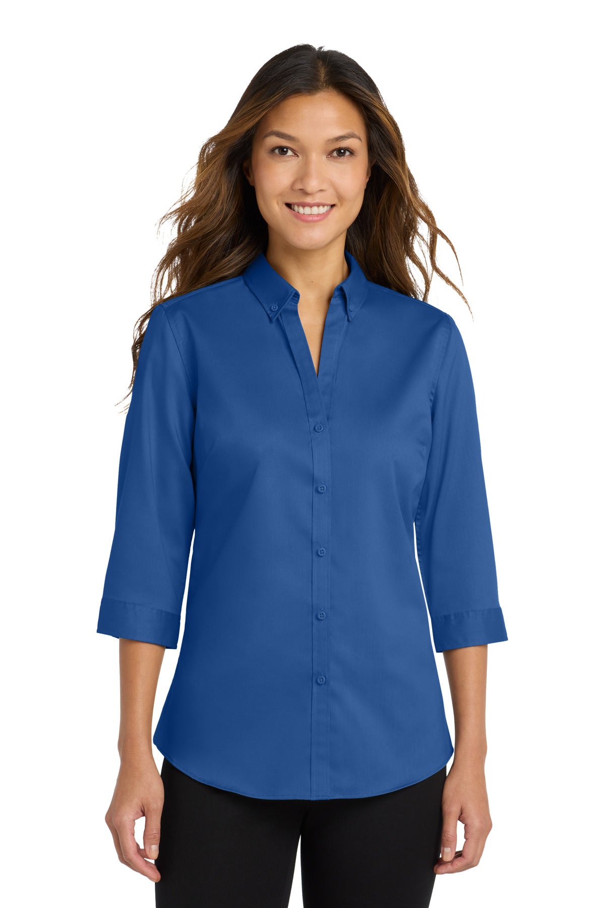 Front View of True Blue Port Authority Women's 3/4-Sleeve SuperPro Twill Shirt. L665