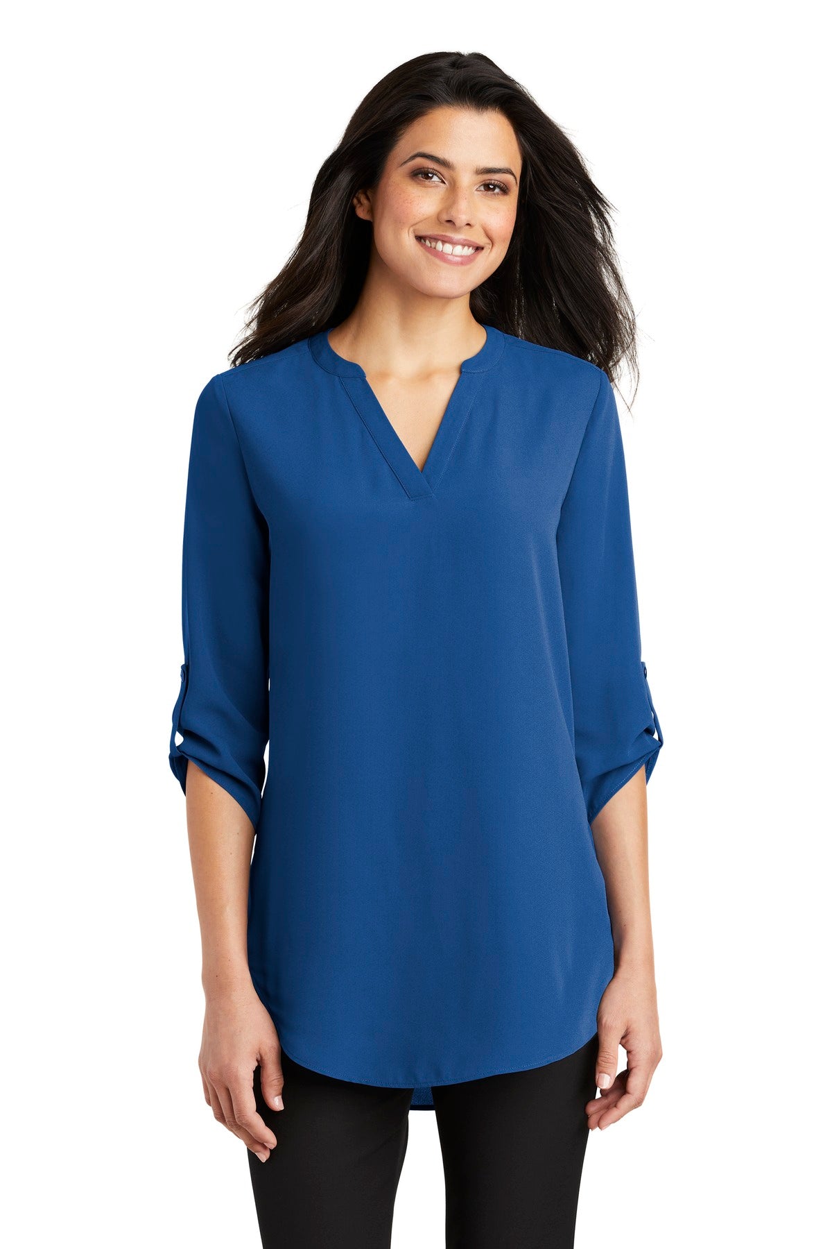 Front View of True Blue Port Authority Women's 3/4-Sleeve Tunic Blouse. LW701
