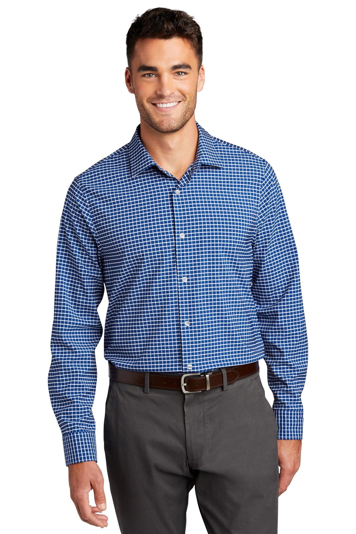 Front View of True Blue/Wht Port Authority City Stretch Shirt W680