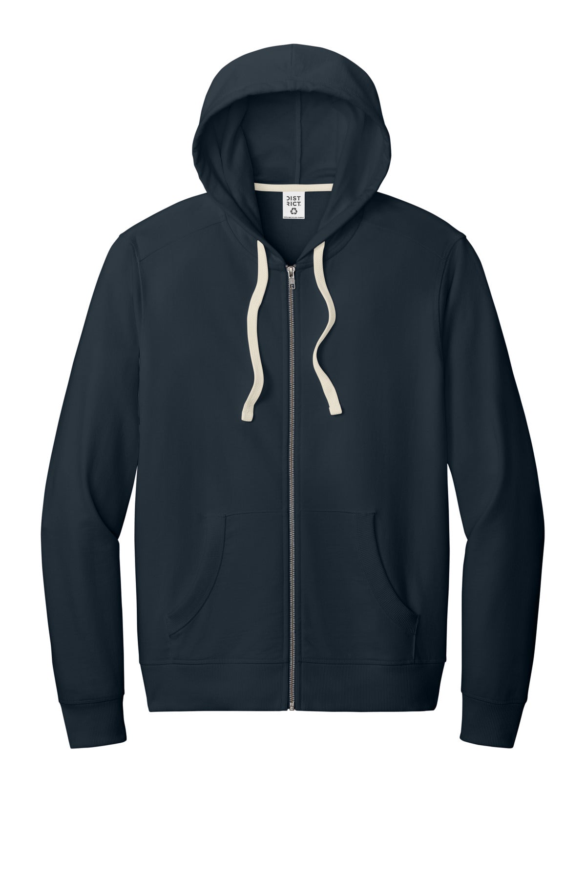 Front View of True Navy District Re-Fleece Full-Zip Hoodie DT8102