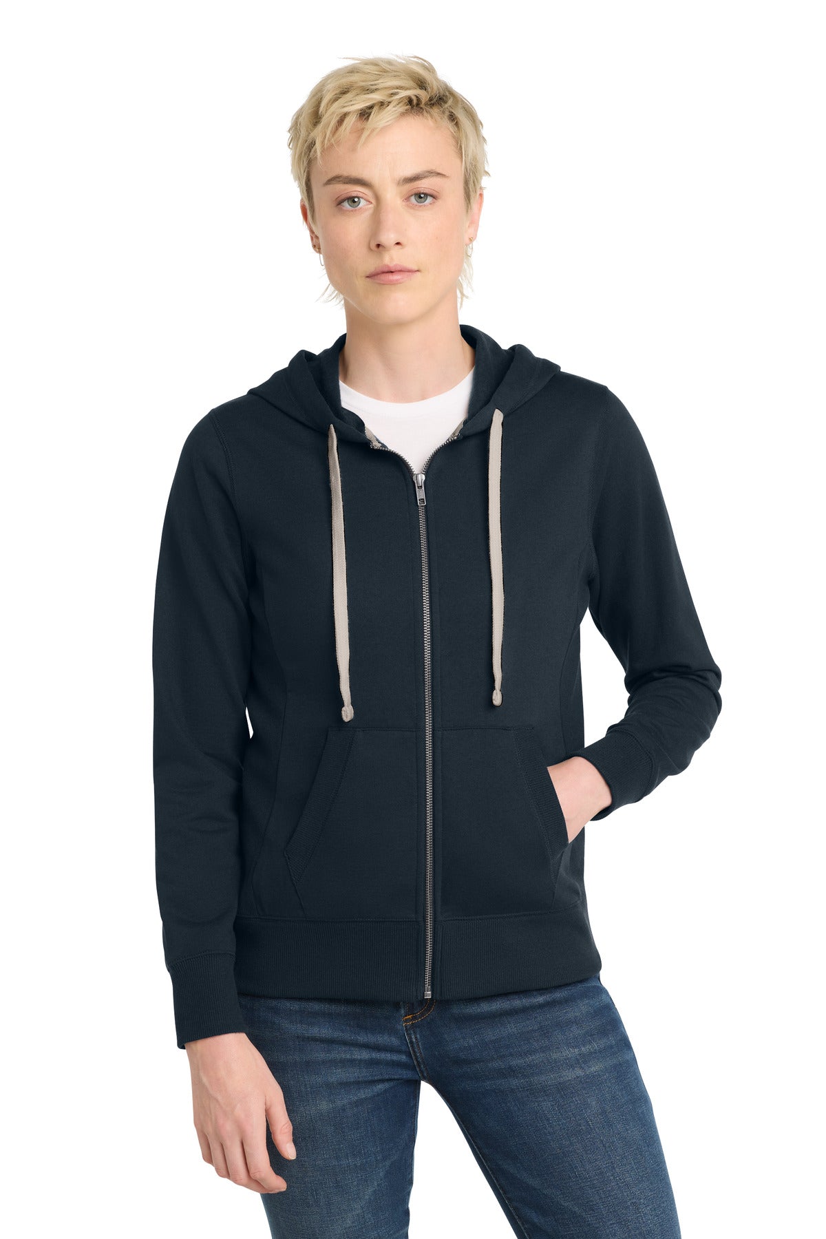 Front View of True Navy District Women's Re-Fleece Full-Zip Hoodie DT8103