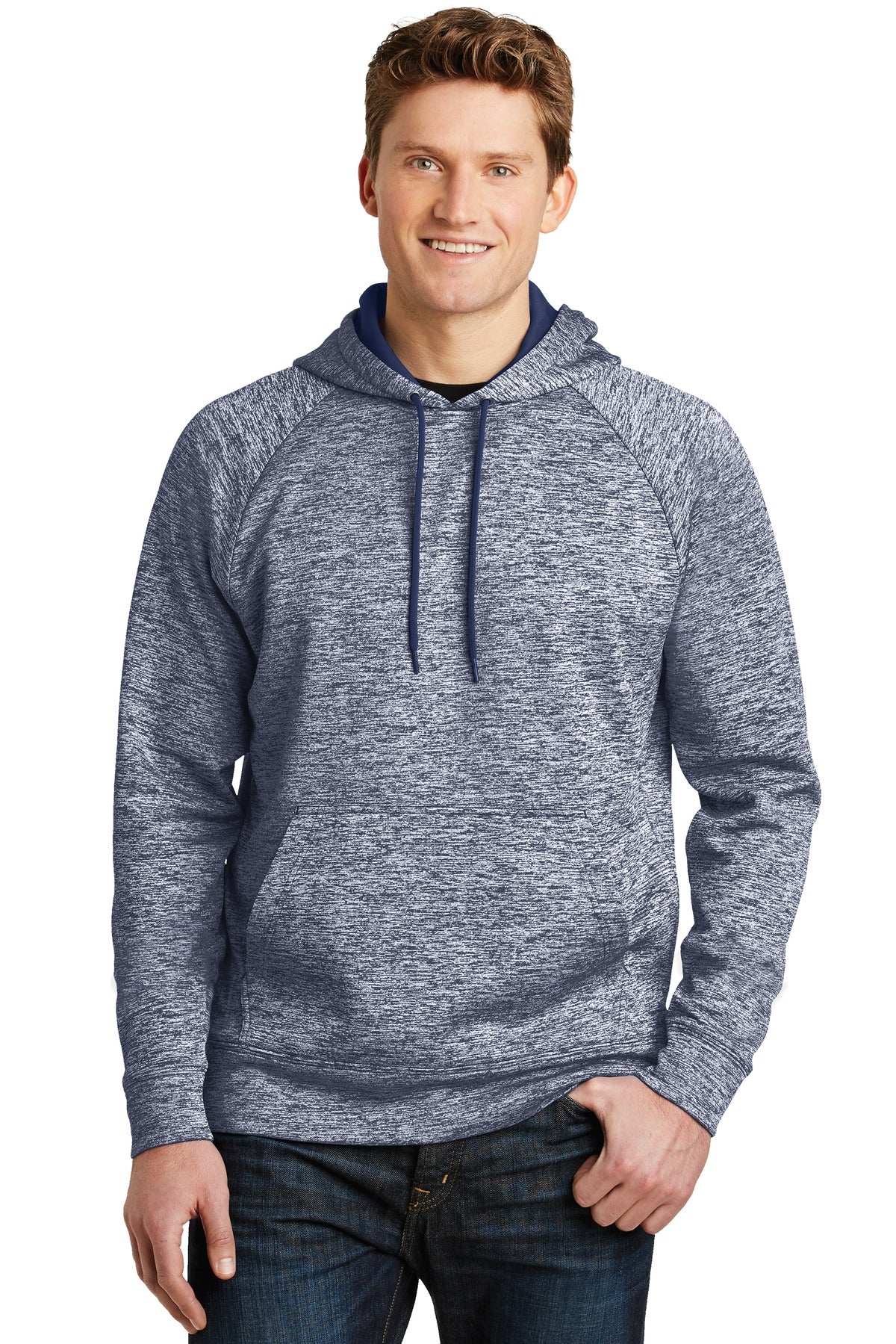 Front View of True Navy Elec Sport-Tek PosiCharge Electric Heather Fleece Hooded Pullover. ST225