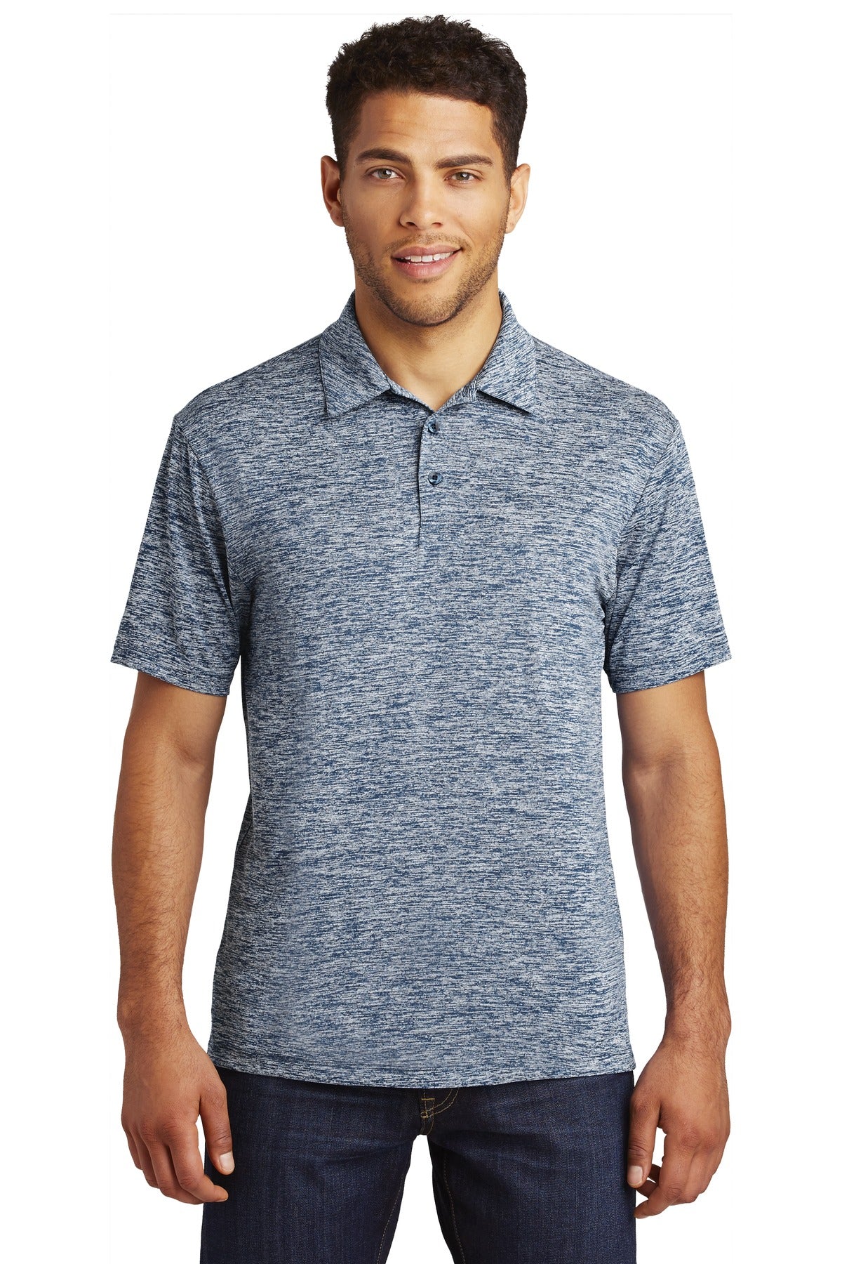 Front View of True Navy Elec Sport-Tek PosiCharge Electric Heather Polo. ST590