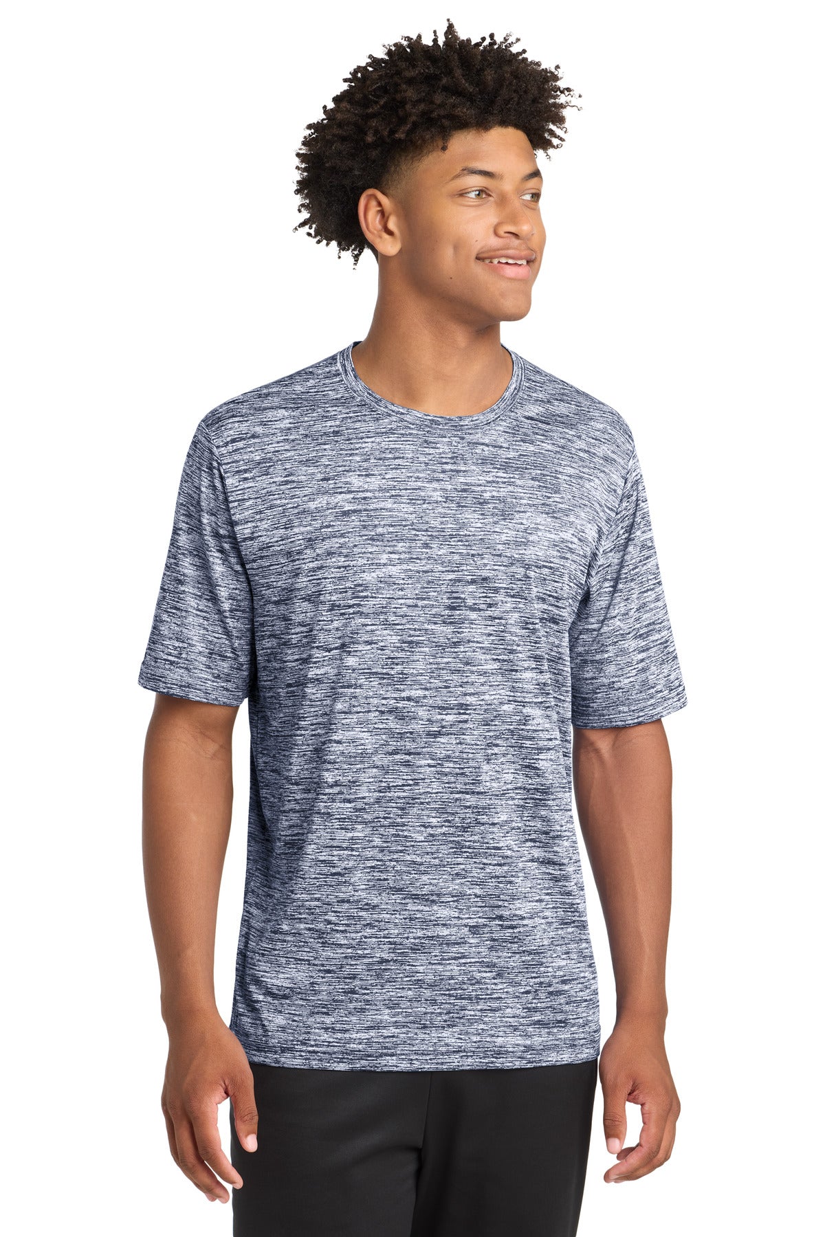 Front View of True Navy Elec Sport-Tek PosiCharge Electric Heather Tee. ST390