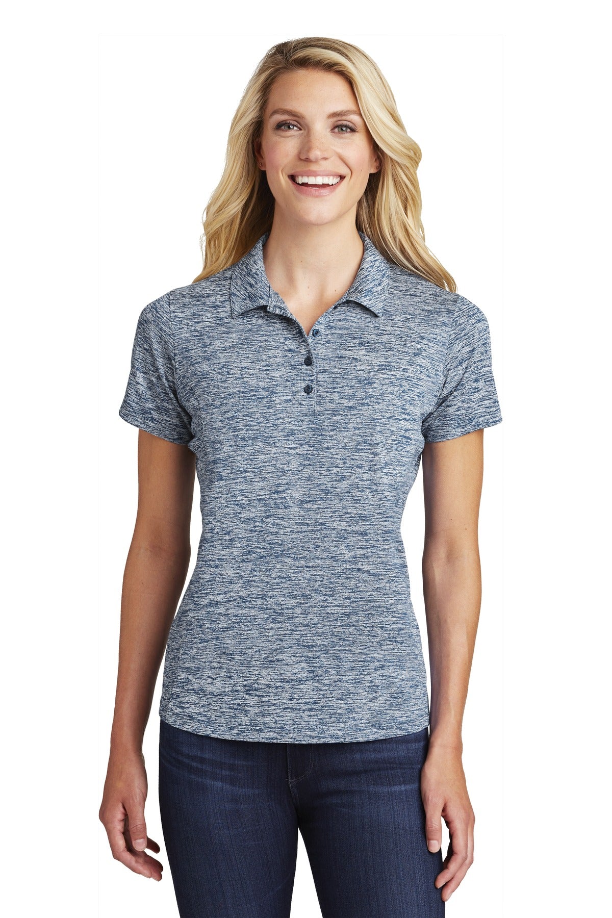 Front View of True Navy Elec Sport-Tek Women's PosiCharge Electric Heather Polo. LST590