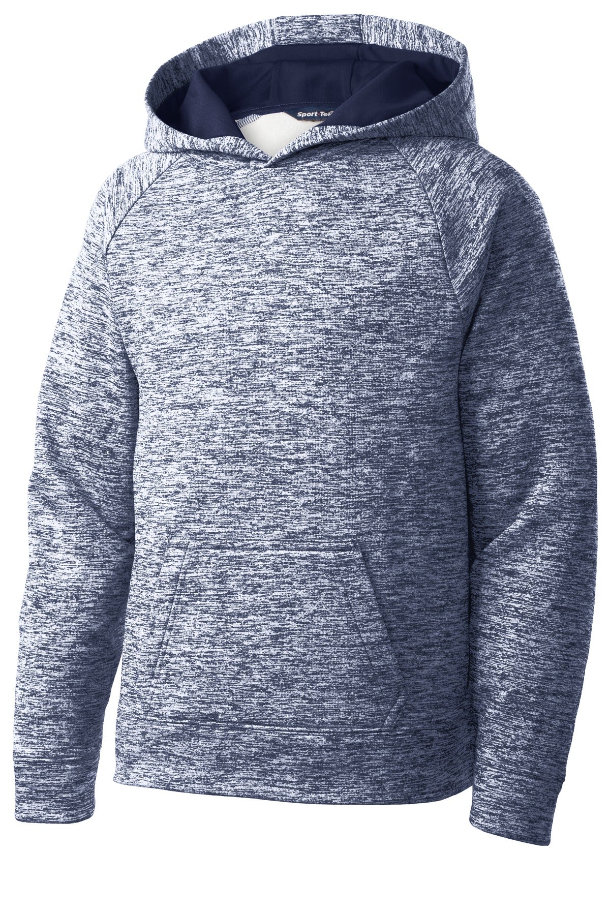 Front View of True Navy Elec Sport-Tek Youth PosiCharge Electric Heather Fleece Hooded Pullover. YST225
