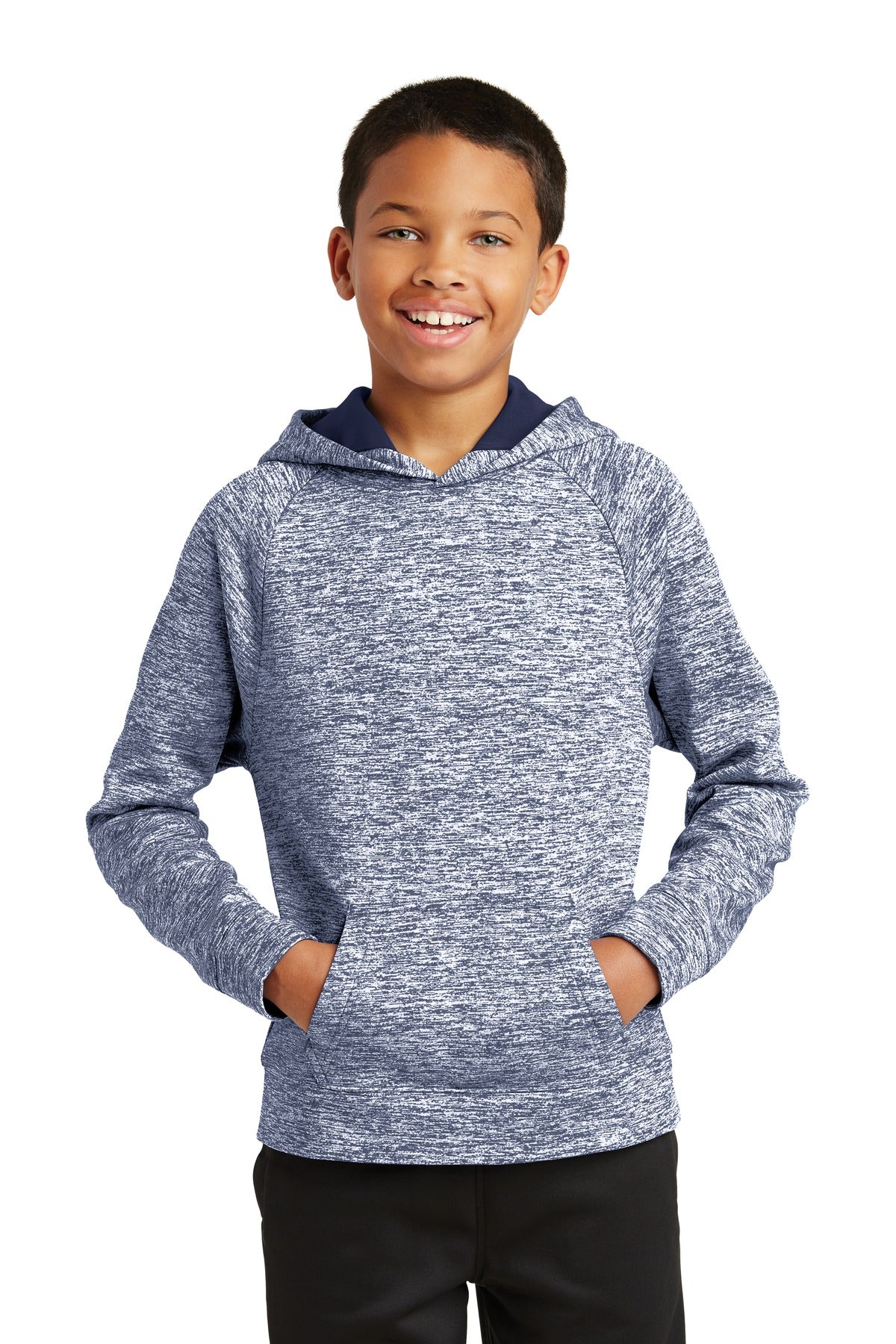 Front View of True Navy Elec Sport-Tek Youth PosiCharge Electric Heather Fleece Hooded Pullover. YST225