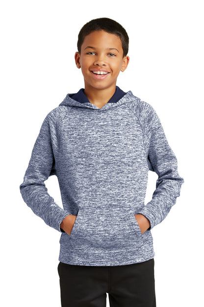 Front View of True Navy Elec Sport-Tek Youth PosiCharge Electric Heather Fleece Hooded Pullover. YST225