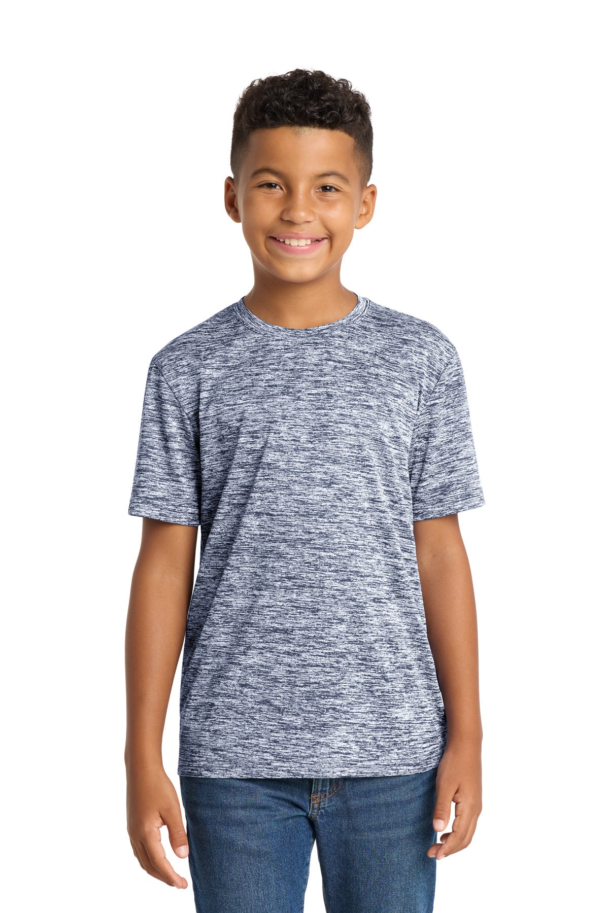Front View of True Navy Elec Sport-Tek Youth PosiCharge Electric Heather Tee. YST390