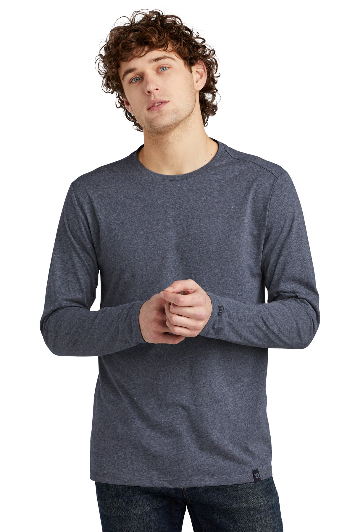 Front View of True Navy Hthr New Era Heritage Blend Long Sleeve Crew Tee. NEA102