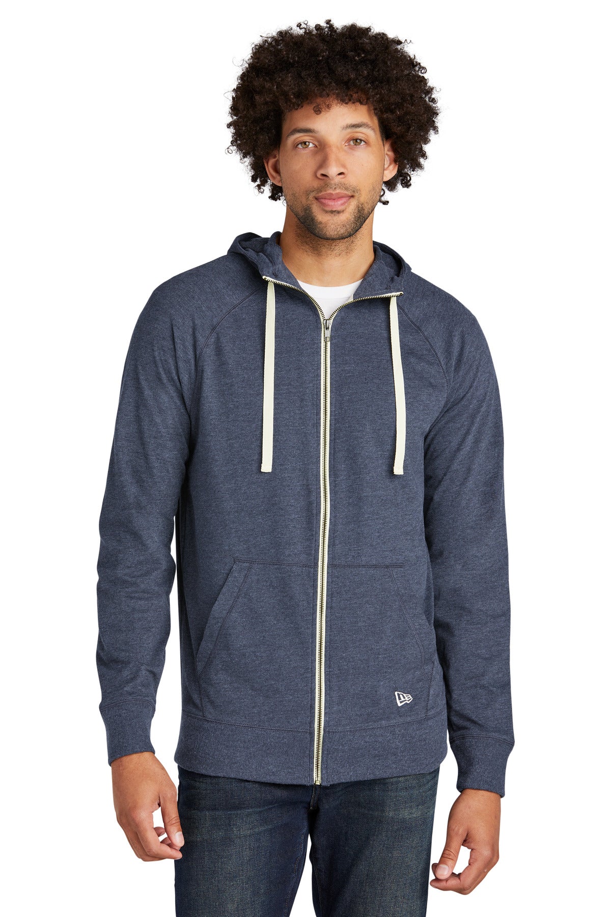 Front View of True Navy Hthr New Era Sueded Cotton Blend Full-Zip Hoodie. NEA122