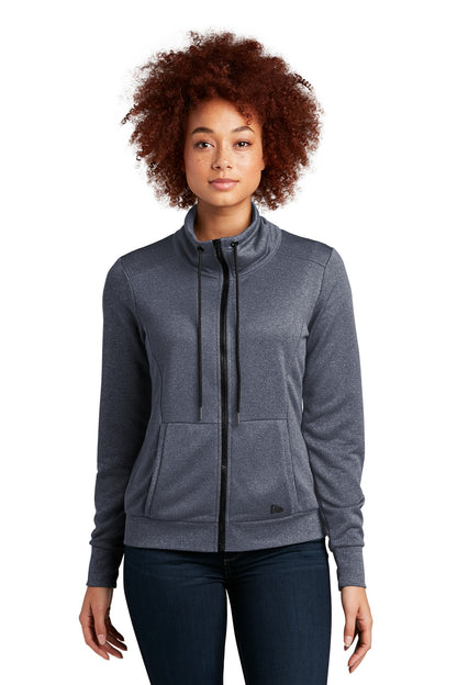 Front View of True Navy Hthr New Era Women's Performance Terry Full-Zip Cowl LNEA530
