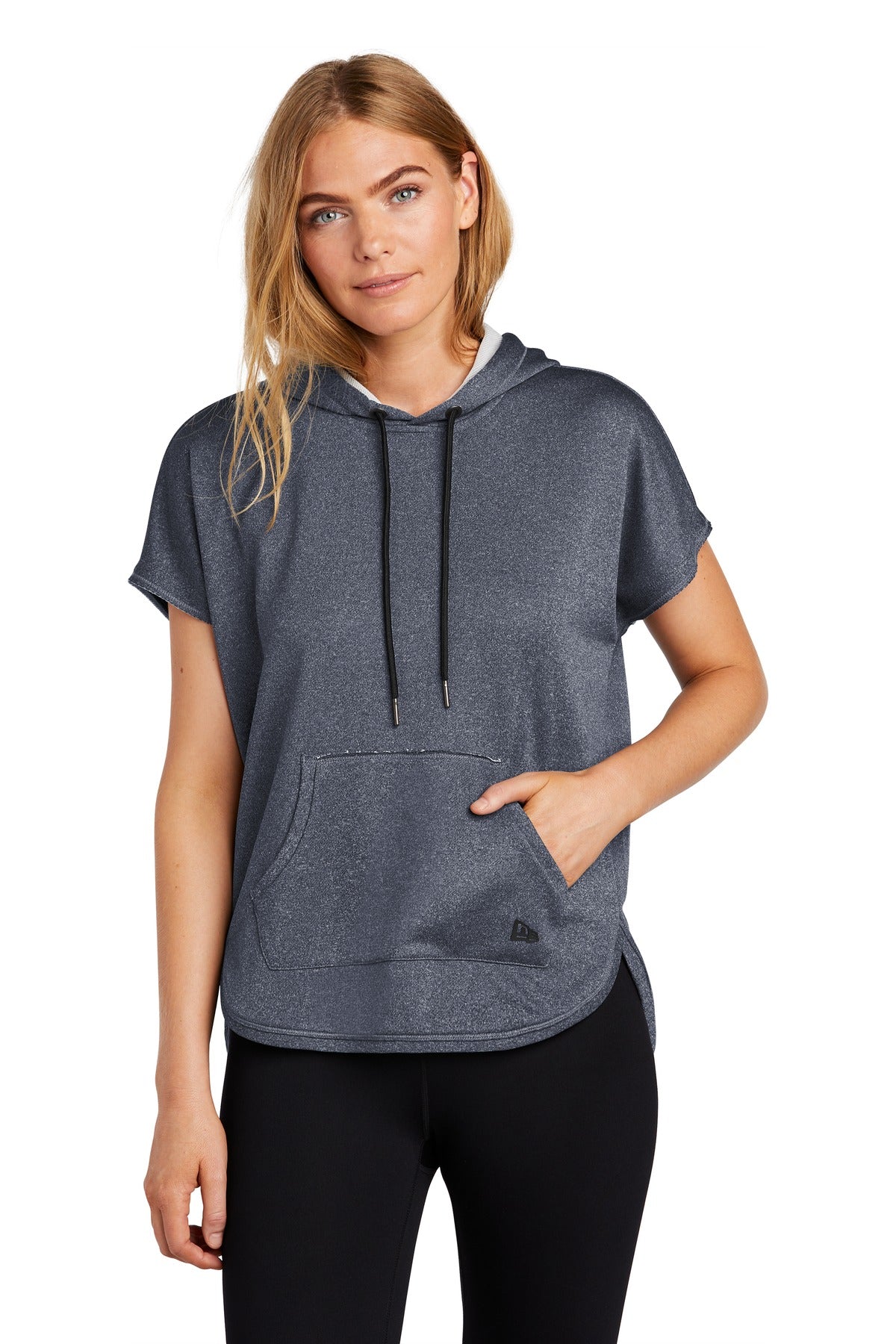 Front View of True Navy Hthr New Era Women's Performance Terry Short Sleeve Hoodie LNEA533
